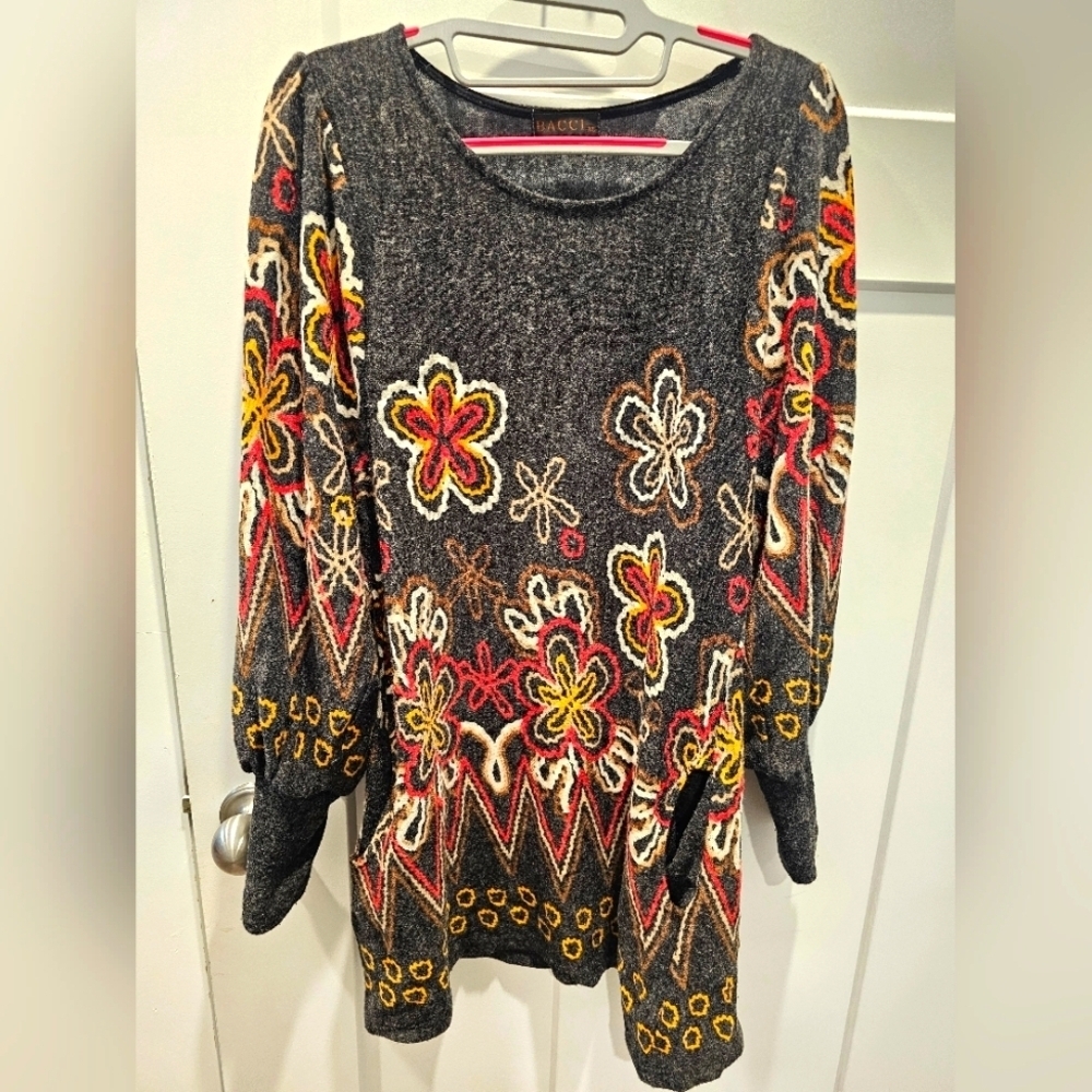 BACCI XL Floral Boho Sweater Tunic – Long Sleeve Gray Multicolor Knit Top